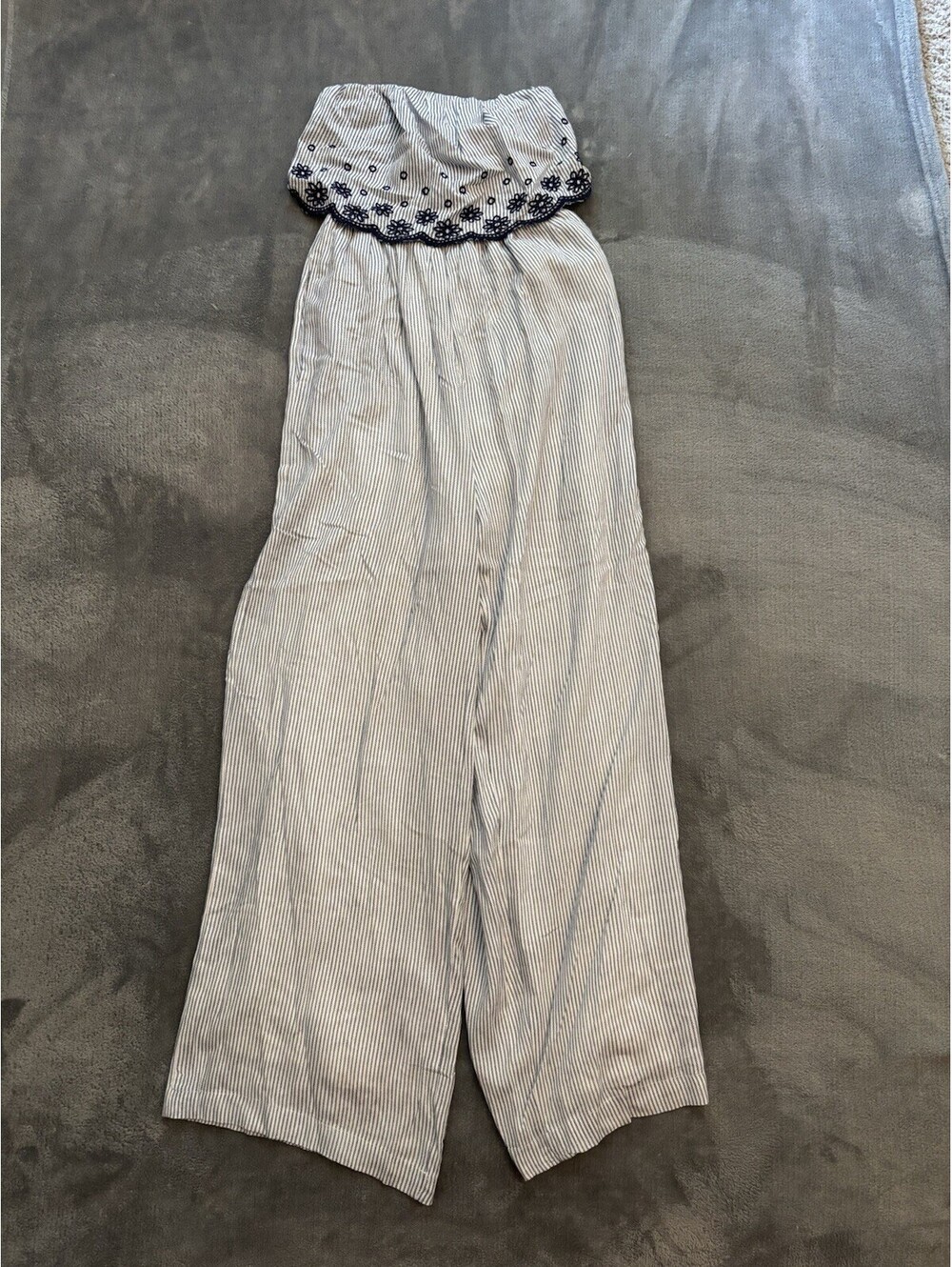 Japna XS Blue/White Striped Smocked Strapless Wide-Leg Jumpsuit Casual Resort